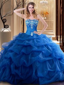 Sumptuous Embroidery and Ruffles 15th Birthday Dress Royal Blue Lace Up Sleeveless Floor Length