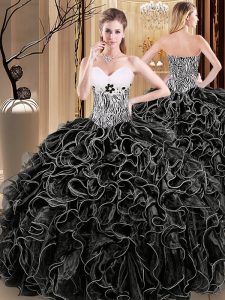 Popular Sweetheart Sleeveless Lace Up Quince Ball Gowns Black Organza