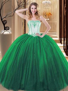 Beautiful Tulle Strapless Sleeveless Lace Up Embroidery 15 Quinceanera Dress in Green