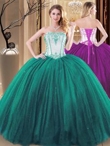 Green 15 Quinceanera Dress Military Ball and Sweet 16 and Quinceanera and For with Embroidery Strapless Sleeveless Lace 