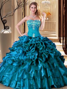 Customized Floor Length Teal 15 Quinceanera Dress Organza Sleeveless Embroidery and Ruffles