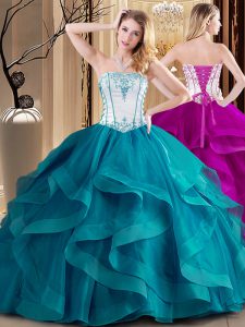 Strapless Sleeveless Tulle 15 Quinceanera Dress Embroidery Lace Up