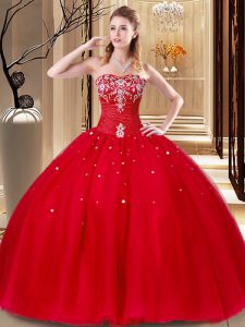 Red Tulle Lace Up Sweetheart Sleeveless Floor Length Quince Ball Gowns Beading and Embroidery