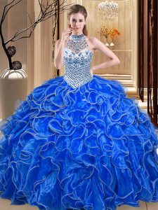 Low Price Halter Top Royal Blue Organza Lace Up Sweet 16 Quinceanera Dress Sleeveless Floor Length Beading and Ruffles