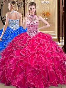 Noble Ball Gowns Quinceanera Dresses Hot Pink Halter Top Organza Sleeveless Floor Length Lace Up
