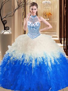 Extravagant Blue And White Tulle Lace Up Halter Top Sleeveless Floor Length Sweet 16 Dress Beading and Ruffles