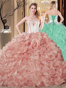 Graceful Champagne Ball Gowns Strapless Sleeveless Organza Floor Length Lace Up Embroidery and Ruffles 15th Birthday Dre