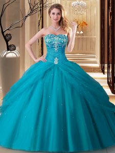 Teal Tulle Lace Up Sweet 16 Dress Sleeveless Floor Length Embroidery