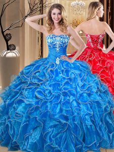 Suitable Embroidery and Ruffles Quince Ball Gowns Blue Lace Up Sleeveless Floor Length