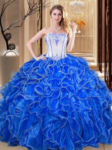Low Price Royal Blue Organza Lace Up Quinceanera Gown Sleeveless Floor Length Embroidery and Ruffles