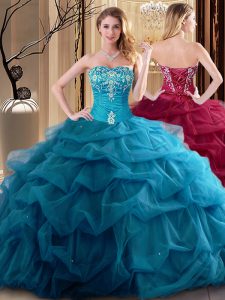 Floor Length Lace Up Quinceanera Dresses Teal for Military Ball and Sweet 16 and Quinceanera with Embroidery and Ruffles