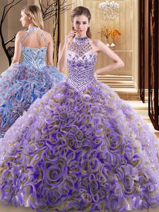 Chic Halter Top Multi-color Sleeveless With Train Beading Lace Up Quinceanera Gown