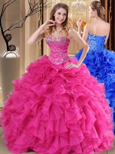 Ball Gowns Sweet 16 Dress Hot Pink Sweetheart Organza Sleeveless Floor Length Lace Up