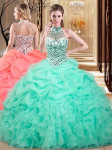 Stunning Apple Green Organza Lace Up Halter Top Sleeveless Floor Length Quinceanera Dress Beading and Ruffles and Pick U