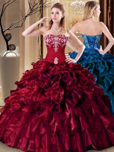 Romantic Wine Red Organza Lace Up Sweetheart Sleeveless Floor Length Ball Gown Prom Dress Embroidery and Ruffles