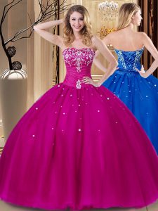 Amazing Fuchsia Tulle Lace Up Sweetheart Sleeveless Floor Length Quinceanera Dresses Beading and Embroidery
