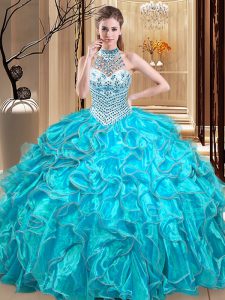 Halter Top Aqua Blue Organza Lace Up Ball Gown Prom Dress Sleeveless Floor Length Beading and Ruffles