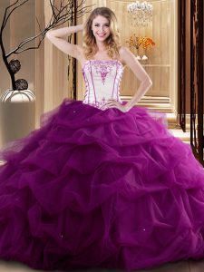 Fuchsia Sleeveless Floor Length Embroidery and Ruffled Layers Lace Up Sweet 16 Quinceanera Dress