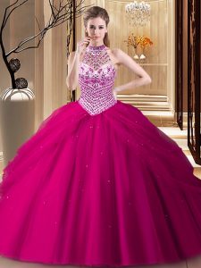 Halter Top Pick Ups With Train Ball Gowns Sleeveless Fuchsia Quinceanera Gown Brush Train Lace Up