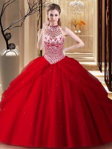 Halter Top Red Sleeveless With Train Beading and Pick Ups Lace Up Ball Gown Prom Dress