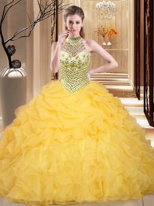 Halter Top Pick Ups Yellow Sleeveless Organza Lace Up Sweet 16 Dress for Military Ball and Sweet 16 and Quinceanera