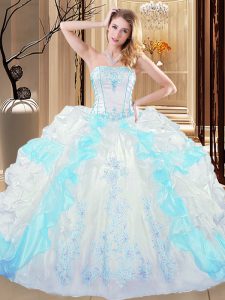 Strapless Sleeveless Organza Vestidos de Quinceanera Embroidery and Ruffled Layers Lace Up