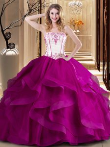 Traditional Fuchsia Ball Gowns Strapless Sleeveless Tulle Floor Length Lace Up Embroidery Quinceanera Gown