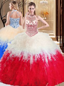 Beauteous Halter Top Floor Length White And Red Vestidos de Quinceanera Tulle Sleeveless Beading and Ruffles
