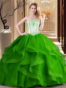 Fancy Sleeveless Floor Length Embroidery Lace Up 15 Quinceanera Dress with Green and Fuchsia