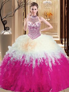 Multi-color Halter Top Lace Up Beading and Ruffles Ball Gown Prom Dress Sleeveless