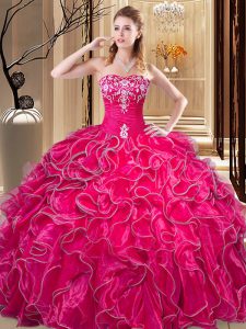 Custom Fit Hot Pink Organza Lace Up Sweetheart Sleeveless Floor Length 15th Birthday Dress Embroidery and Ruffles