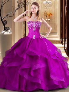 Traditional Fuchsia Tulle Lace Up Sweetheart Sleeveless Floor Length Quinceanera Gown Embroidery and Ruffles