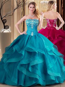 Teal Ball Gowns Embroidery and Ruffles 15 Quinceanera Dress Lace Up Tulle Sleeveless Floor Length