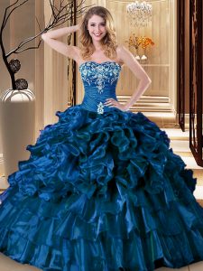 Royal Blue Organza Lace Up Sweetheart Sleeveless Floor Length Sweet 16 Dresses Embroidery and Ruffles