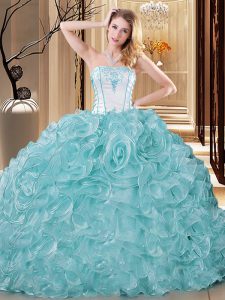 Blue And White Strapless Lace Up Embroidery and Ruffles Sweet 16 Dress Sleeveless