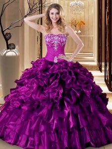 Affordable Floor Length Lace Up Sweet 16 Quinceanera Dress Purple for Military Ball and Sweet 16 and Quinceanera with Em