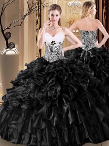 Shining Black Sleeveless Ruffles and Pattern Floor Length Quinceanera Dresses