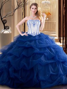 Tulle Strapless Sleeveless Lace Up Embroidery and Ruffled Layers Quince Ball Gowns in Royal Blue