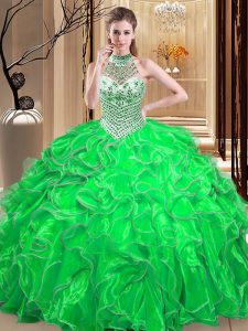 Hot Sale Lace Up Halter Top Beading and Ruffles Quinceanera Dress Organza Sleeveless