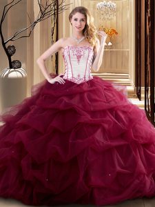 Trendy Wine Red Tulle Lace Up Strapless Sleeveless Floor Length Quinceanera Dresses Embroidery and Ruffled Layers