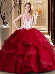 Floor Length Wine Red Sweet 16 Quinceanera Dress Tulle Sleeveless Embroidery