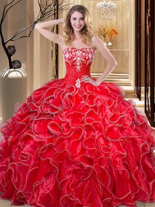 Coral Red Sweetheart Lace Up Embroidery and Ruffles Vestidos de Quinceanera Sleeveless