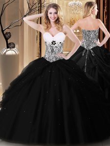 Custom Made Black Ball Gowns Sweetheart Sleeveless Tulle Floor Length Lace Up Pick Ups and Pattern Sweet 16 Dress