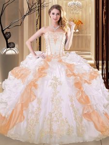 New Style Strapless Sleeveless Quinceanera Dresses Floor Length Embroidery and Ruffled Layers White and Yellow Organza