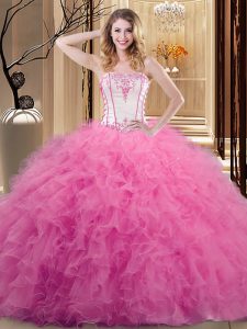 Discount Rose Pink Tulle Lace Up Quince Ball Gowns Sleeveless Floor Length Embroidery