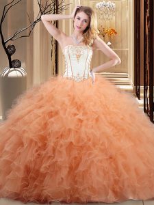 Discount Orange Lace Up Strapless Embroidery and Ruffled Layers Quinceanera Gown Organza Sleeveless