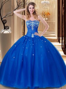 Charming Sleeveless Floor Length Beading and Embroidery Lace Up Quince Ball Gowns with Royal Blue