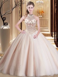 Ideal Halter Top Sleeveless Tulle With Brush Train Lace Up Quince Ball Gowns in Peach with Beading