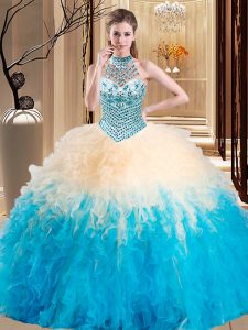 Eye-catching Halter Top Sleeveless Beading and Ruffles Lace Up Quinceanera Dresses