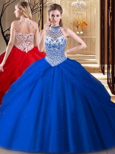Royal Blue Lace Up Halter Top Beading and Pick Ups Sweet 16 Quinceanera Dress Tulle Sleeveless Brush Train